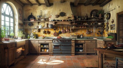 Sun-drenched rustic farmhouse kitchen with wooden beams, terracotta tiles, and an array of copper cookware and pottery. - obrazy, fototapety, plakaty