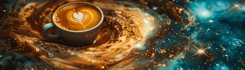 Espresso shot with a heart-shaped swirl galaxies collide in the crema - obrazy, fototapety, plakaty