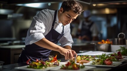 Fototapeta premium Chef in hotel or restaurant kitchen preparing meal vegetable salad with goat cheese and decorates the food with his hands.