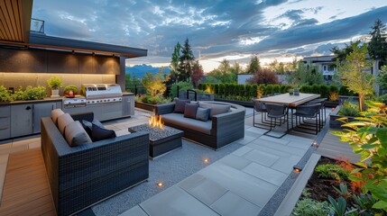 An inviting modern outdoor patio equipped with a luxury kitchen, fire pit, and dining area, set against a stunning mountainous backdrop.