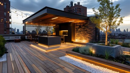 An urban rooftop terrace featuring sleek LED lighting, comfortable seating, and panoramic city skyline views at dusk. - obrazy, fototapety, plakaty