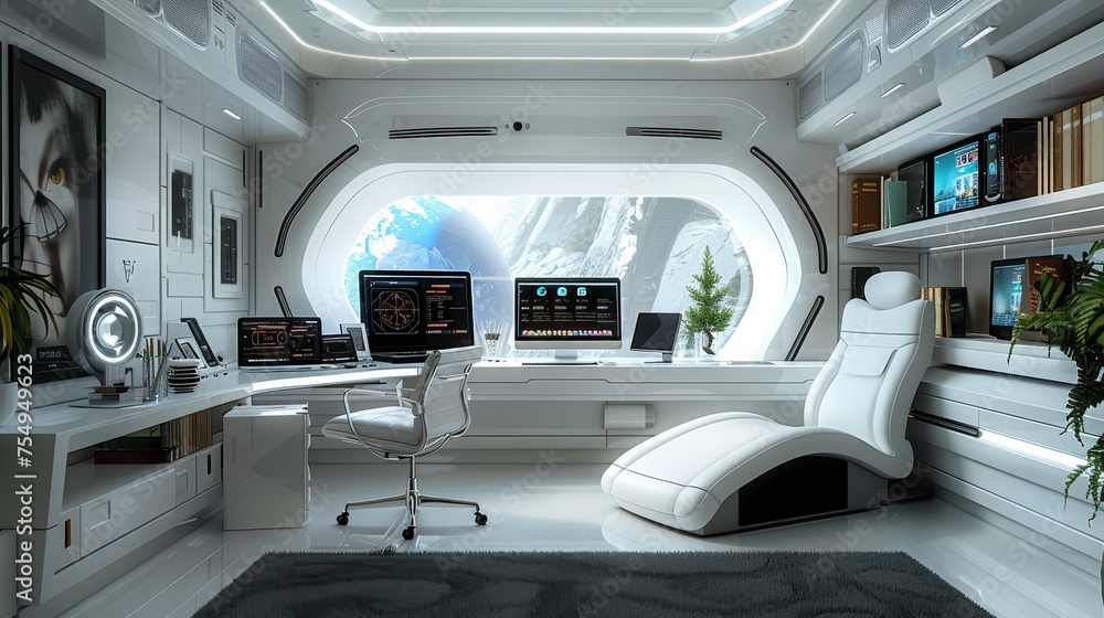 Poster a modern and sleek space station command center with views of earth, showcasing advanced technology.