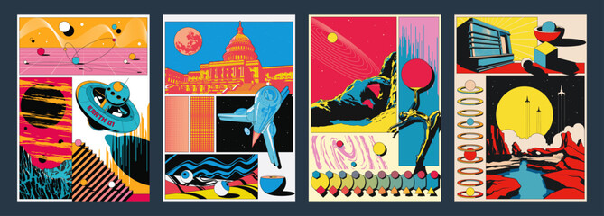 Space Posters 1980s Colors. Orbital Station, Space Rocket, Extraterrestrial Landscapes, Capitol, Planets, Stars. 3D Effect Abstract Dimensions Poster Set  © koyash07