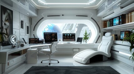 A modern and sleek space station command center with views of Earth, showcasing advanced technology.