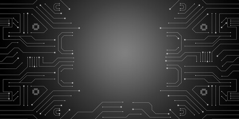 circuit board and copy space background. black and gray background gradient. technology digital connect with glowing dots