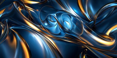 A blue and gold abstract design with a lot of curves and swirls