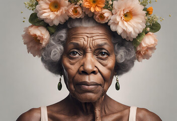 Senhora idosa afrodescendente com coroa de flores na cabeça