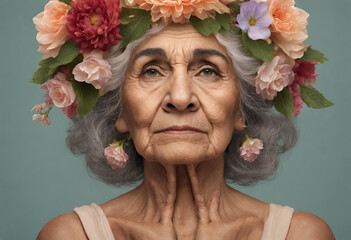 Senhora idosa com coroa de flores na cabeça olhando pra cima.