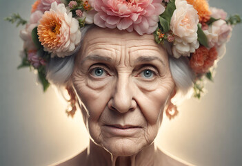 Senhora idosa com coroa de flores na cabeça.
