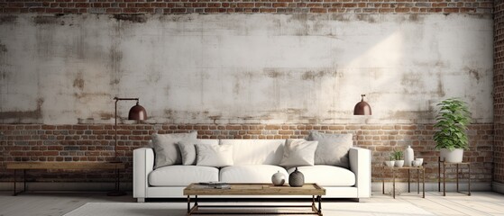 A living room with brick walls, white sofa and coffee table