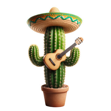 A cactus is holding a guitar and wearing a sombrero. The image has a playful and whimsical mood, as the cactus is not a typical subject for a guitar player