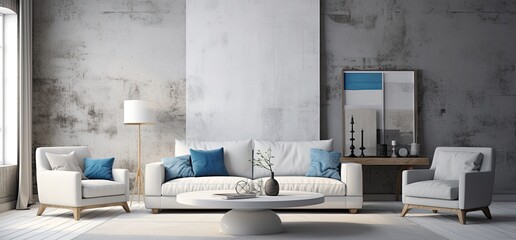 A modern living room with white walls and furniture - obrazy, fototapety, plakaty