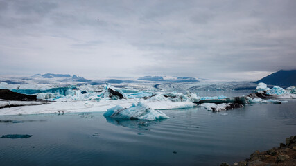 Amazing landscape of Jokulsarlon, the world's most famous glacier lagoon, aerial shot. Travel and adventure concepts.