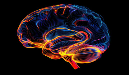 Mysterious and glowing human brain on a dark background with red and blue illumination