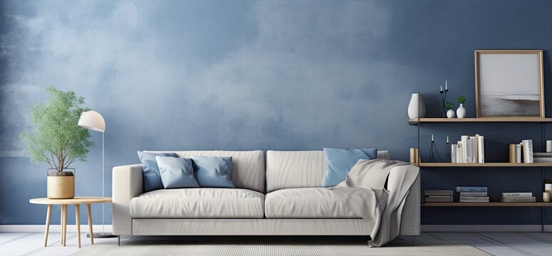 A nice living room with blue walls and gray sofa