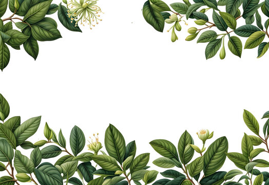 border frame of flowers and green leaves with blank text space isolated on transparent background
