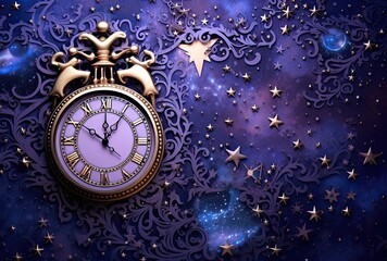 A purple background with stars and a clock