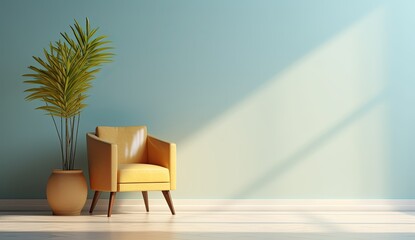 A room with an arm chair, a plant and a planter - obrazy, fototapety, plakaty