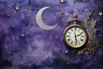 A purple background with stars and a clock