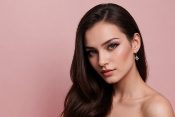 Fototapeta premium Young American woman model posing on a pink background with copy space. Woman with beautiful skin. Cosmetic and Skincare Concept.