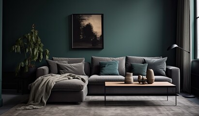 A simple living room with a dark wall