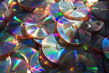 Stack of glossy and reflective CDs in a book - obrazy, fototapety, plakaty