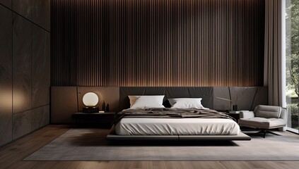 A modern minimalist bedroom with modern furniture
