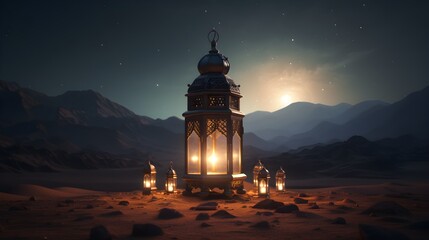 Arabic lantern with burning candles with copyspace in the desert. Ramadan Kareem greeting card