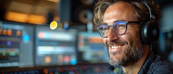 Man podcaster make audio podcast at studio.