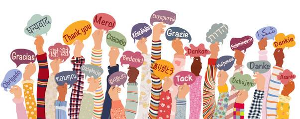 Plakaty  Many hands raised of diverse and multicultural children and teens holding speech bubbles with text Thank you in various international languages. Diversity kids. Gratitude. Solidarity