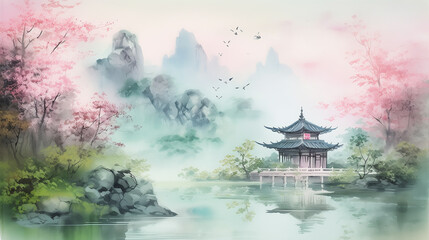 landscape with pagoda, Japanese castle, watercolor illustration