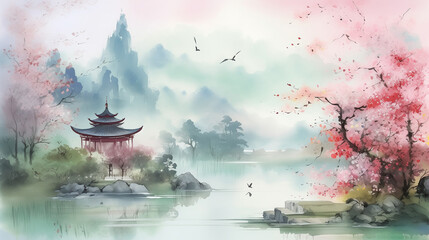 Watercolor illustration of a pagoda in the Spring with sakura trees and a beautiful lake