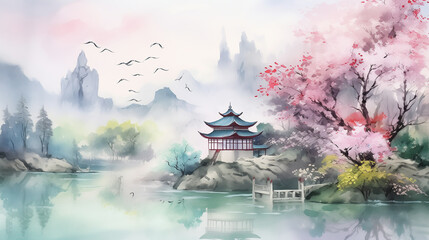 Fototapeta premium Watercolor illustration of pagoda in the Spring with sakura trees and beautiful lake