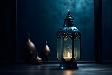 Arabic lantern with burning candles with copyspace on blue background. Ramadan Kareem greeting card - obrazy, fototapety, plakaty