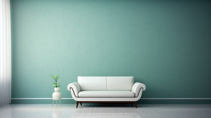 Timeless Design: Modern Comfortable Sofa and Houseplant in Soft Green Minimalist Design. Suitable for your projects and copyspace writing. - obrazy, fototapety, plakaty
