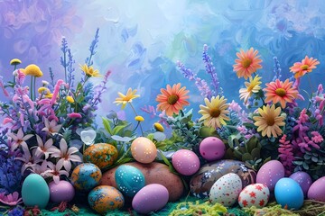 Obraz na płótnie Canvas Colorful Easter Eggs in a Garden with Flowers, To provide a visually striking and festive Easter themed image for use in decorations, advertisements,