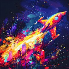 Colorful Space Art Rocket Flying Over City, To provide a unique and eye-catching visual for use in graphic design, illustration, advertising,