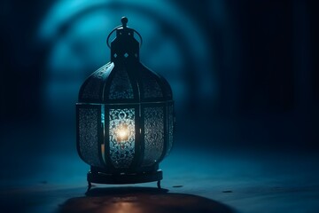 Arabic lantern with burning candles with copyspace on blue background. Ramadan Kareem greeting card