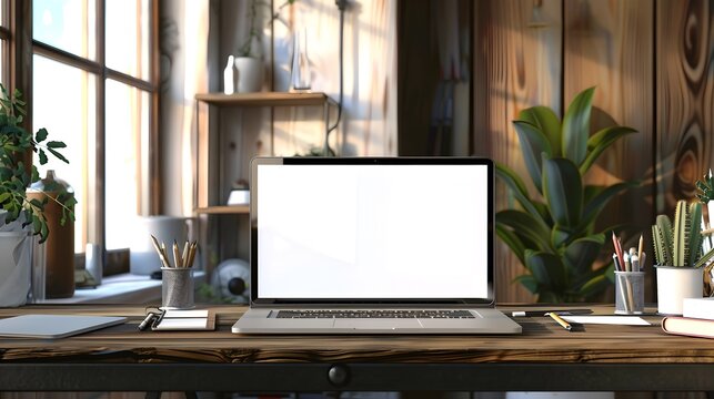 Desktop Screen and Wooden Desk with Plants in Home Office, High-quality stock photo for use in home office, technology, nature, and design related