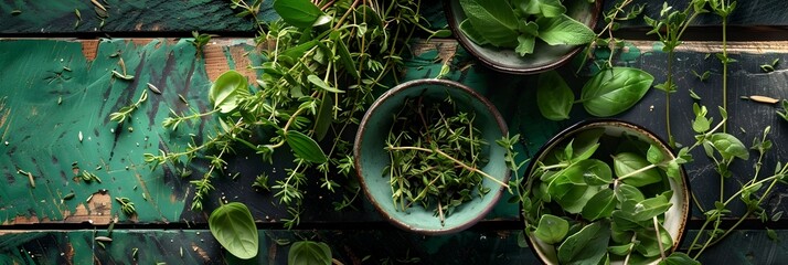 Fresh Herbs in Bowls on Wooden Table, To convey the message of healthy and organic eating, using fresh herbs displayed in a visually appealing