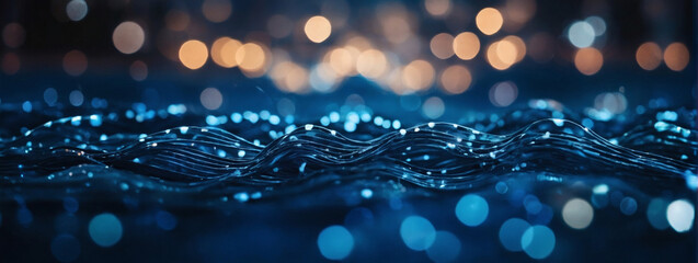Blue digital waves symbolizing neural connections, with indigo bokeh lights. - obrazy, fototapety, plakaty