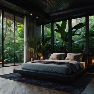 modern living room in a tropical forest