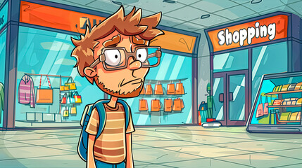 Confused shopper cartoon in mall