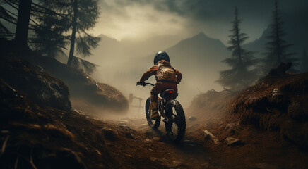 Child dreaming to be biker ascending misty paths. Kid imagination and creative concept