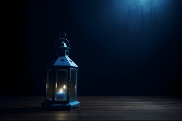 Arabic lantern with burning candles with copyspace on blue background. Ramadan Kareem greeting card