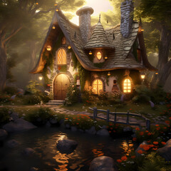 Whimsical fairytale cottage in a magical forest.