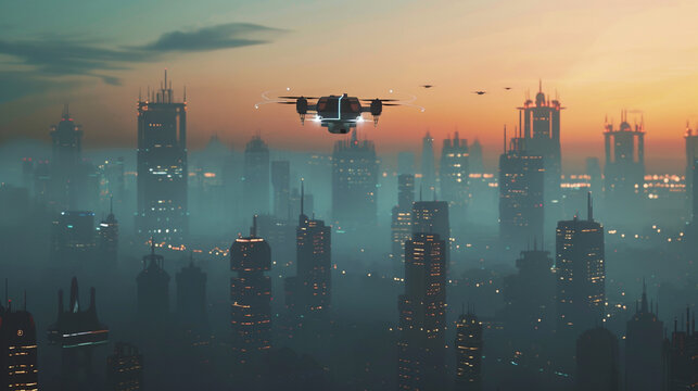 Drone delivery service over a minimalist cityscape future of logistics