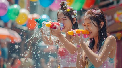 Girl is enjoying water festival in thailnad, songkran festival, Thai New Year