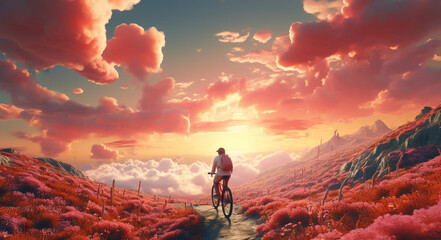 Dream cyclist on cloud trails fantasy scene. - obrazy, fototapety, plakaty