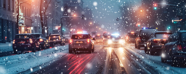 Winter cityscape turns chaotic with a car accident on a snowy road traffic snarls as emergency vehicles respond
